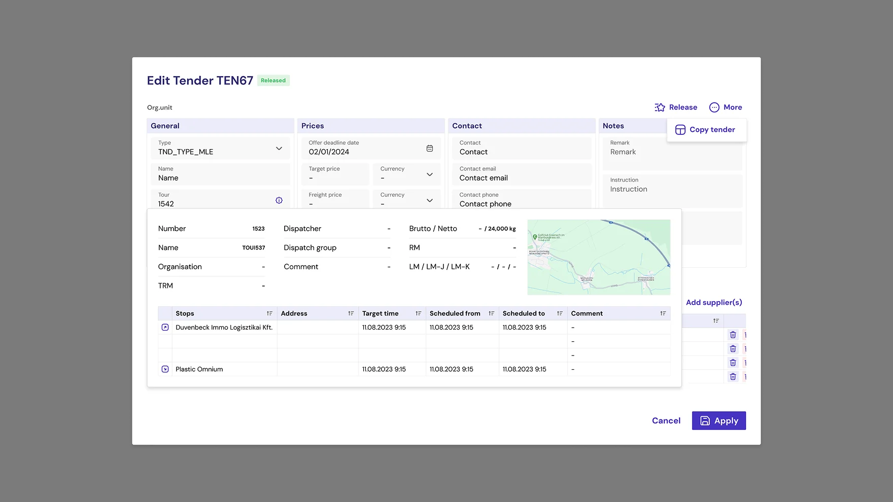 Edit tender screen