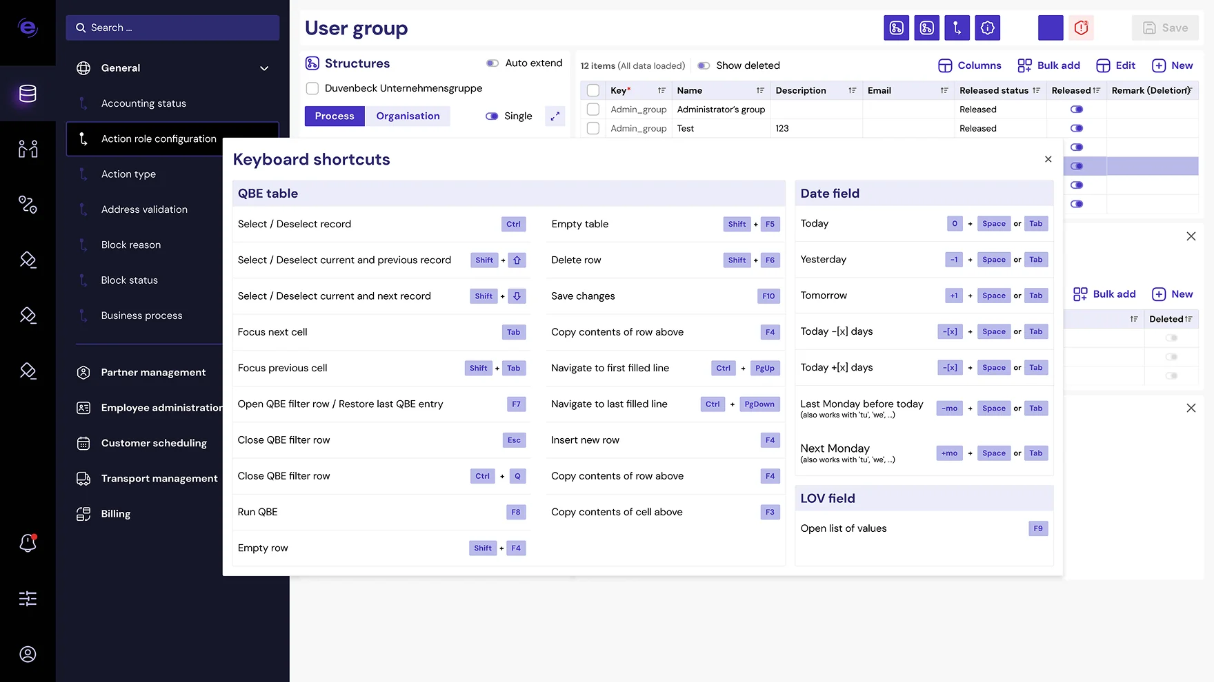 User group settings screen