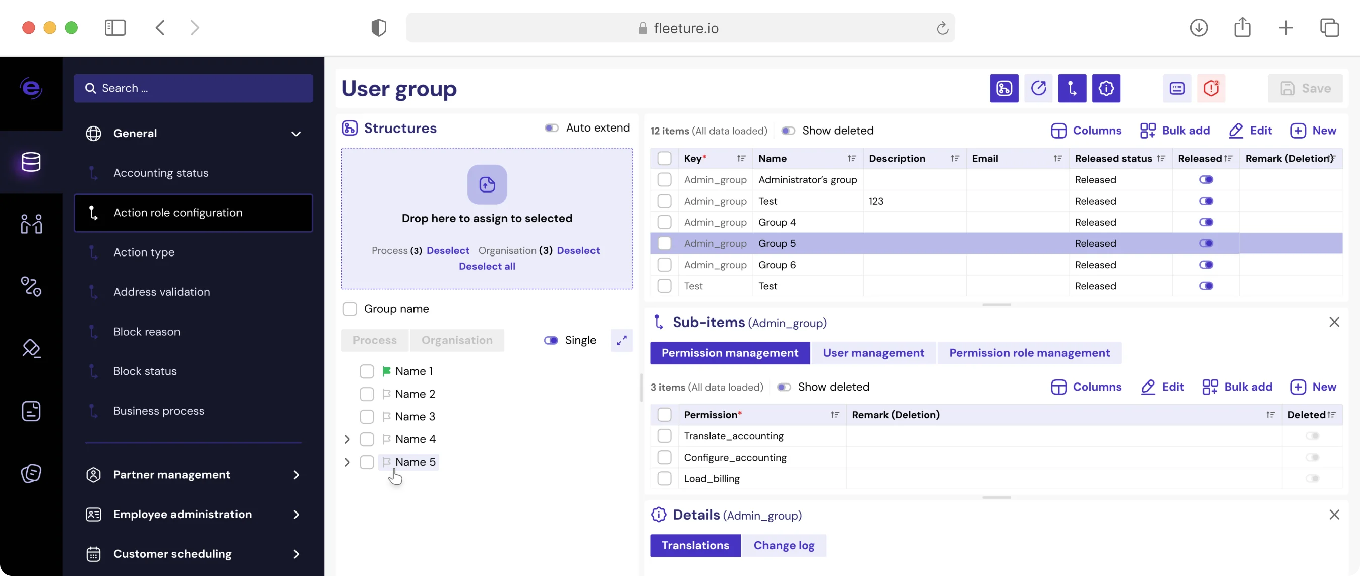Fleeture user group screen in the redesigned web platform